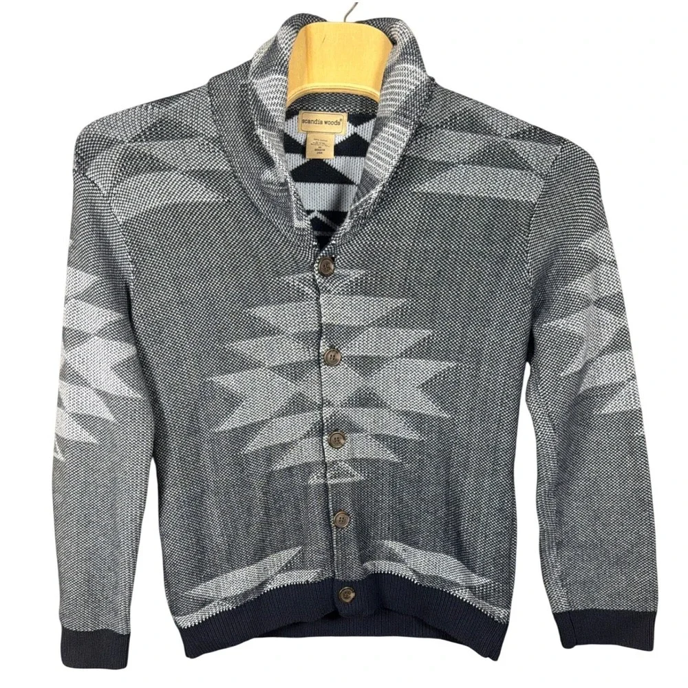 Scandia Woods Mens Navy Blue Geometric Southwestern Cotton Shawl Cardigan M